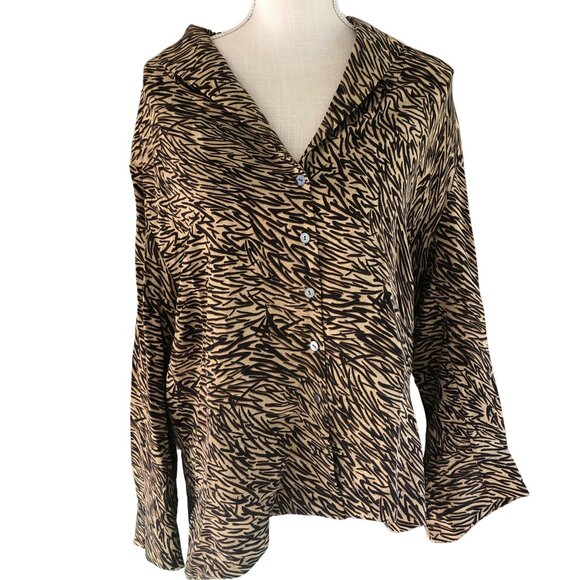 Barry Bricken Silk Blend Shirt XL Brown Black Animal Print Button Up Top - Picture 1 of 10